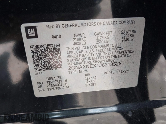 2018 Chevrolet Equinox Premier with VIN 2GNAXNEX1J6313528, listed as a IAAI auction lot 41938985 with 189,244 mi miles and . Bid and sale history available at DreamBid. Image 9.