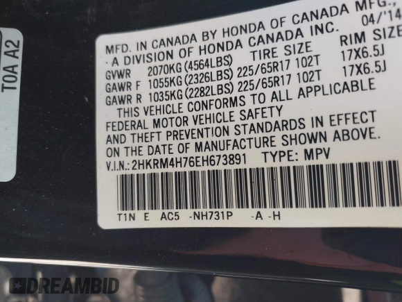 2014 Honda CR-V EX-L with VIN 2HKRM4H76EH673891, listed as a IAAI auction lot 42009693 with 103,798 mi miles. Bid and sale history available at carsss.com. Image 9.