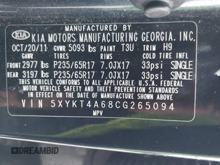 2012 Kia Sorento LX with VIN 5XYKT4A68CG265094, listed as a IAAI auction lot 41712956 with 1 mi miles. Bid and sale history available at carsss.com. Image 9.