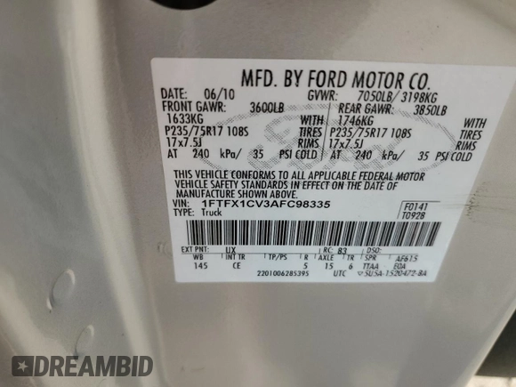2010 Ford F-150 XL with VIN 1FTFX1CV3AFC98335, listed as a Copart auction lot 83901964 with 93,479 mi miles and Salvage Title. Bid and sale history available at carsss.com. Image 14.
