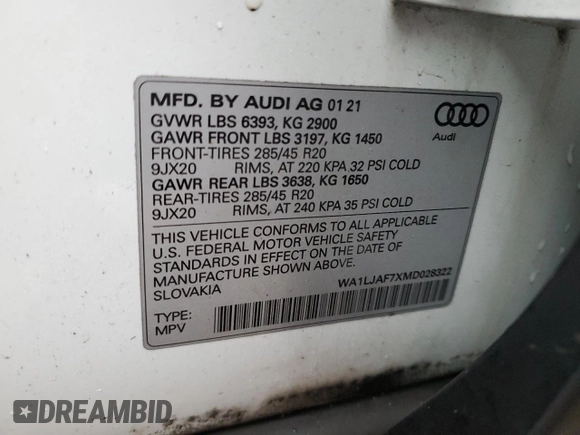 2021 Audi Q7 Premium Plus with VIN WA1LJAF7XMD028322, listed as a Copart auction lot 89302575 with 56,214 mi miles and Salvage title. Bid and sale history available at DreamBid. Image 14.