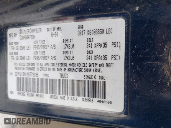 2004 Dodge 1500 SLT with VIN 1D7HU18N14S773105, listed as a IAAI auction lot 41247050 with 109,457 mi miles and . Bid and sale history available at carsss.com. Image 9.
