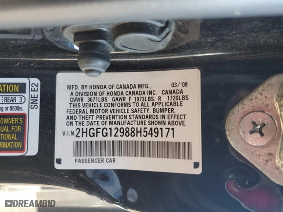 2008 Honda Civic Cpe EX-L with VIN 2HGFG12988H549171, listed as a Copart auction lot 84051634 with 0 mi miles and Salvage Title. Bid and sale history available at carsss.com. Image 12.