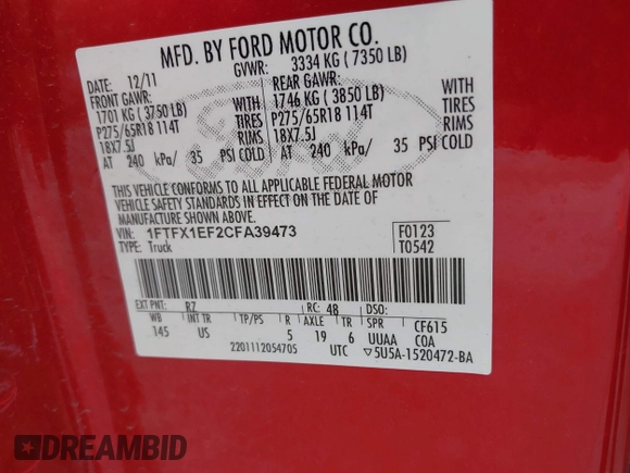 2012 Ford F-150 XL with VIN 1FTFX1EF2CFA39473, listed as a IAAI auction lot 42298394 with 172,439 mi miles and . Bid and sale history available at DreamBid. Image 9.