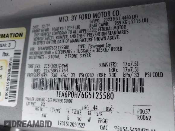 2016 Ford Fusion SE with VIN 1FA6P0H76G5125580, listed as a IAAI auction lot 42659287 with 146,032 mi miles and . Bid and sale history available at DreamBid. Image 9.