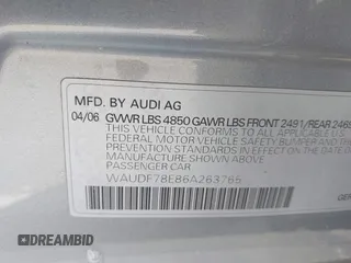 2006 Audi A4 2.0T with VIN WAUDF78E86A263765, listed as a IAAI auction lot 42122063 with 114,125 mi miles. Bid and sale history available at carsss.com. Image 9.