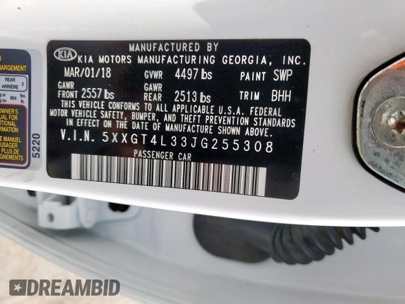2018 Kia Optima LX with VIN 5XXGT4L33JG255308, listed as a Copart auction lot 56335145 with 101,674 mi miles and Salvage title. Bid and sale history available at DreamBid. Image 13.