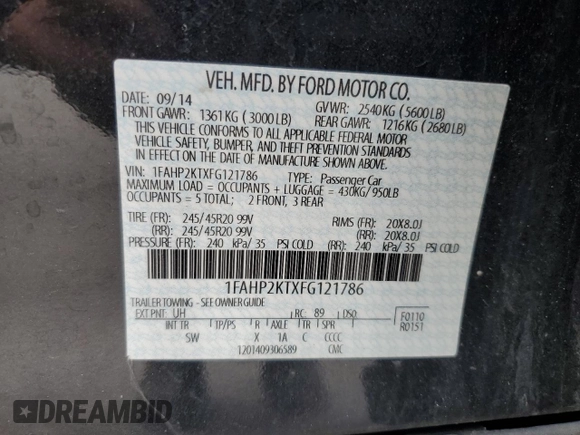 2015 Ford Taurus SHO z VIN 1FAHP2KTXFG121786, wystawiony jako Copart lot #49718275 z przebiegiem 114 946 mil mil oraz Szkoda całkowita • Salvage title. Historia ofert i sprzedaży dostępna na DreamBid. Obrazek 14.
