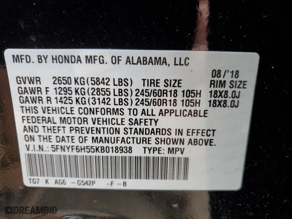 2019 Honda Pilot EX-L with VIN 5FNYF6H55KB018938, listed as a Copart auction lot 49288815 with 55,476 mi miles and Salvage Title. Bid and sale history available at carsss.com. Image 14.
