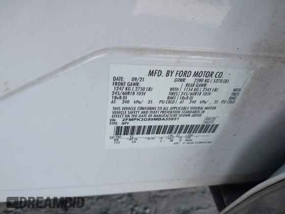 2021 Ford Edge SE with VIN 2FMPK3G99MBA55951, listed as a IAAI auction lot 42313429 with 45,152 mi miles and . Bid and sale history available at DreamBid. Image 9.