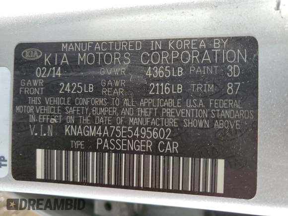 2014 Kia Optima LX with VIN KNAGM4A75E5495602, listed as a Copart auction lot 49712855 with 175,944 mi miles and Clean Title. Bid and sale history available at carsss.com. Image 12.