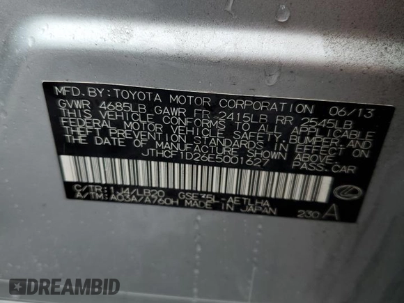 2014 Lexus IS 250 z VIN JTHCF1D26E5001627, wystawiony jako Copart lot #54846815 z przebiegiem 253 807 mil mil oraz Nie do naprawy • Non repairable. Historia ofert i sprzedaży dostępna na DreamBid. Obrazek 12.