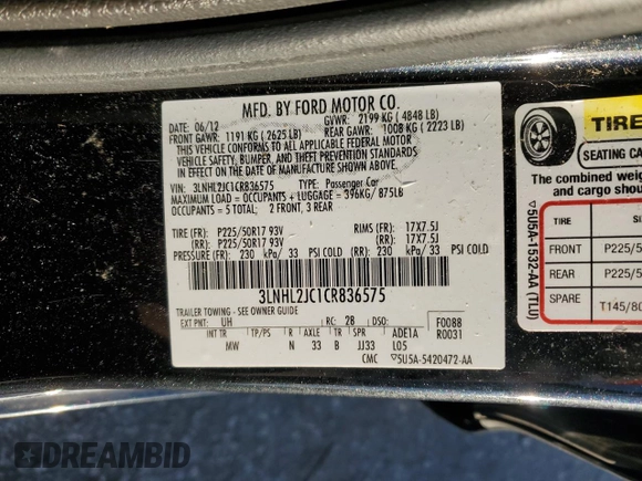 2012 Lincoln MKZ with VIN 3LNHL2JC1CR836575, listed as a Copart auction lot 49489905 with 132,890 mi miles and Salvage Title. Bid and sale history available at DreamBid. Image 13.