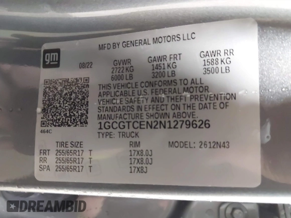 2022 Chevrolet Colorado 4WD LT with VIN 1GCGTCEN2N1279626, listed as a IAAI auction lot 40959698 with 23,160 mi miles and . Bid and sale history available at DreamBid. Image 9.