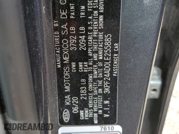 2020 Kia Forte LXS with VIN 3KPF24AD0LE255885, listed as a Copart auction lot 50865825 with 95,590 mi miles and Salvage Title. Bid and sale history available at carsss.com. Image 12.