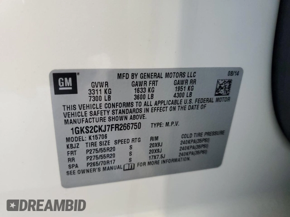 2015 GMC Yukon Denali with VIN 1GKS2CKJ7FR266750, listed as a Copart auction lot 47882125 with 121,705 mi miles and Salvage Title. Bid and sale history available at carsss.com. Image 15.