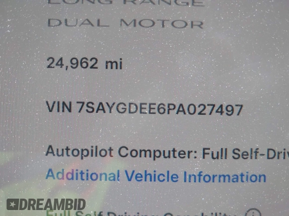 2023 Tesla Model Y Long Range with VIN 7SAYGDEE6PA027497, listed as a IAAI auction lot 41491072 with 24,962 mi miles and . Bid and sale history available at DreamBid. Image 9.