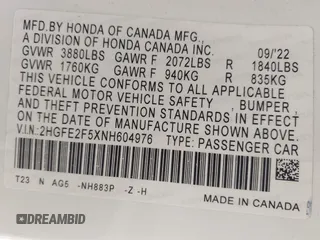 2022 Honda Civic Sedan Sport with VIN 2HGFE2F5XNH604976, listed as a IAAI auction lot 41829033 with 68,102 mi miles. Bid and sale history available at carsss.com. Image 9.