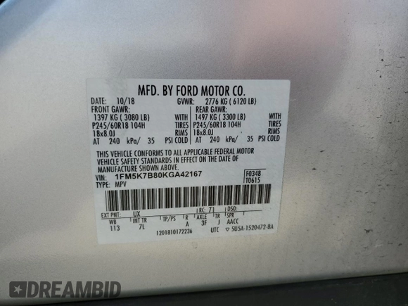 2019 Ford Explorer с VIN 1FM5K7B80KGA42167, выставлен на аукционе Copart как лот 65078945 с пробегом 105 751 миль миль и Списание • Salvage title. История ставок и продаж доступна на DreamBid. Изображение 13.