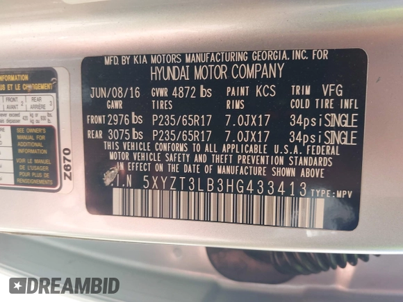2017 Hyundai Santa Fe 2.4L with VIN 5XYZT3LB3HG433413, listed as a IAAI auction lot 42530257 with 254,497 mi miles and . Bid and sale history available at DreamBid. Image 9.