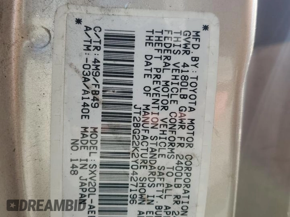 2000 Toyota Camry CE с VIN JT2BG22K2Y0427196, выставлен на аукционе Copart как лот 61586795 с пробегом 194 282 миль миль и Чистый • Clean title. История ставок и продаж доступна на DreamBid. Изображение 12.