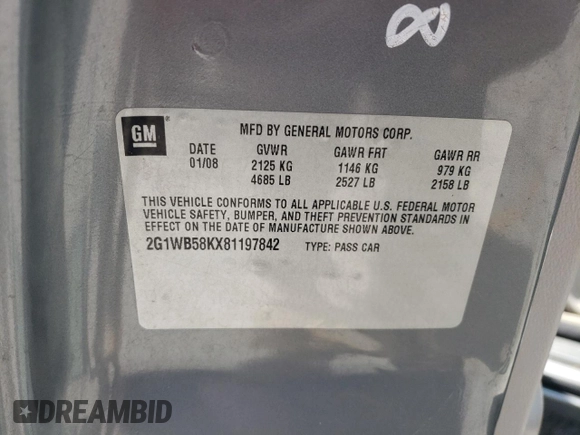 2008 Chevrolet Impala LS z VIN 2G1WB58KX81197842, wystawiony jako Copart lot #59018135 z przebiegiem 126 824 mil mil oraz Szkoda całkowita • Salvage title. Historia ofert i sprzedaży dostępna na DreamBid. Obrazek 12.