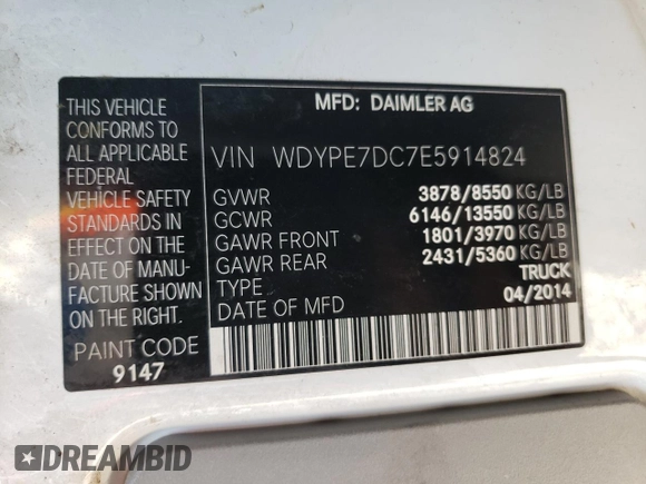 2014 Freightliner Sprinter with VIN WDYPE7DC7E5914824, listed as a Copart auction lot 85116454 with 401,372 mi miles and Clean Title. Bid and sale history available at DreamBid. Image 13.