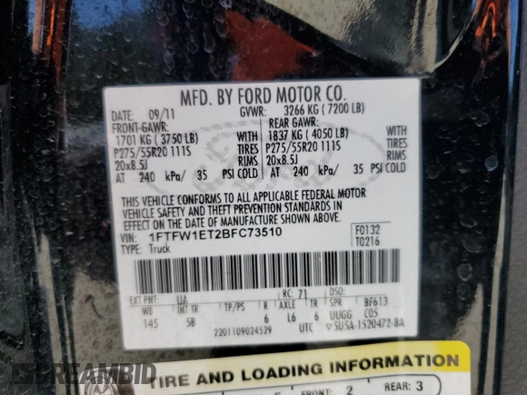 2011 Ford F-150 XLT with VIN 1FTFW1ET2BFC73510, listed as a Copart auction lot 64771215 with 198,379 mi miles and Clean title. Bid and sale history available at DreamBid. Image 12.