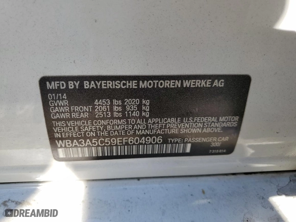 2014 BMW 3 Series 328i with VIN WBA3A5C59EF604906, listed as a Copart auction lot 52174755 with 193,678 mi miles and Clean Title. Bid and sale history available at carsss.com. Image 12.