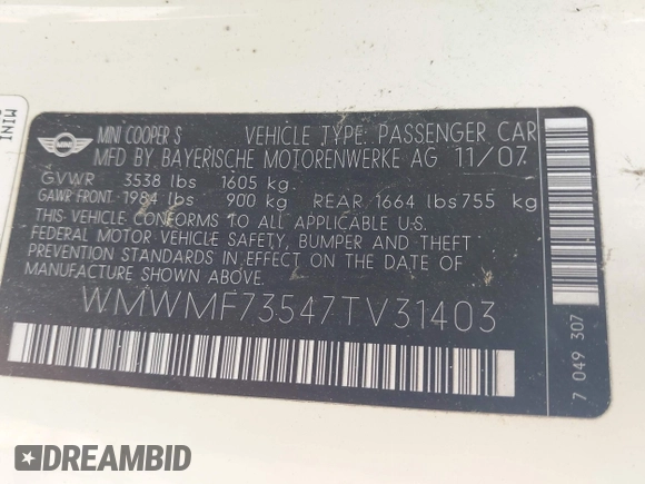 2007 MINI Hardtop S with VIN WMWMF73547TV31403, listed as a IAAI auction lot 42066433 with 156,730 mi miles and . Bid and sale history available at DreamBid. Image 9.