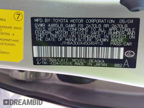2004 Lexus ES 330 with VIN JTHBA30GX45045913, listed as a IAAI auction lot 41747664 with 173,544 mi miles. Bid and sale history available at carsss.com. Image 9.