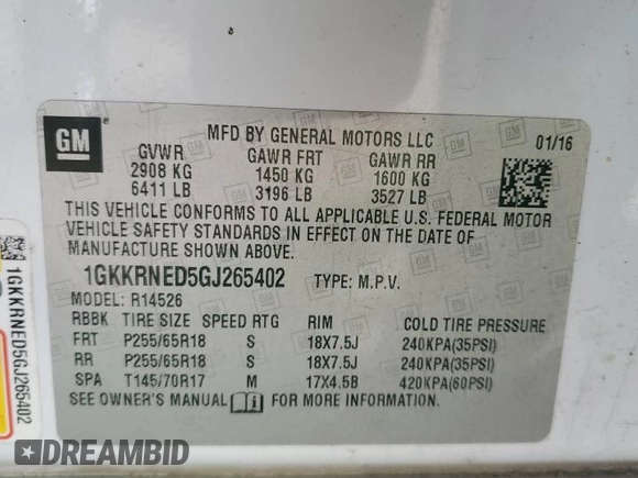 2016 GMC Acadia SLE with VIN 1GKKRNED5GJ265402, listed as a Copart auction lot 89263655 with 183,737 mi miles and Salvage Title. Bid and sale history available at DreamBid. Image 13.