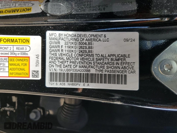 2025 Acura TLX w/A-Spec Package with VIN 19UUB6F53SA000588, listed as a Copart auction lot 46483245 with 5,417 mi miles and Salvage Title. Bid and sale history available at DreamBid. Image 13.