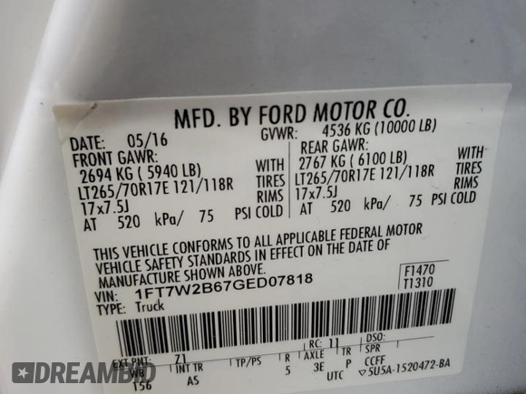 2016 Ford F-250 Lariat with VIN 1FT7W2B67GED07818, listed as a Copart auction lot 61246685 with 110,828 mi miles and Salvage title. Bid and sale history available at DreamBid. Image 12.