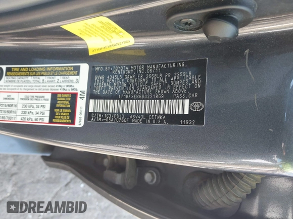 2011 Toyota Camry LE with VIN 4T1BF3EK6BU221869, listed as a IAAI auction lot 41645377 with 126,512 mi miles and . Bid and sale history available at DreamBid. Image 9.