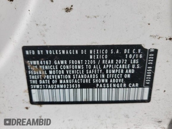 2017 Volkswagen Golf S с VIN 3VW217AU2HM023639, выставлен на аукционе Copart как лот 49736585 с пробегом 112 750 миль миль и Списание • Salvage title. История ставок и продаж доступна на DreamBid. Изображение 12.