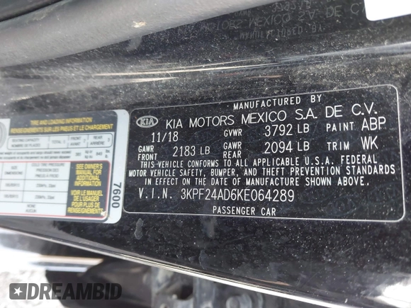 2019 Kia Forte LXS with VIN 3KPF24AD6KE064289, listed as a IAAI auction lot 41865058 with 150,593 mi miles and . Bid and sale history available at DreamBid. Image 9.