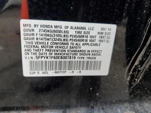 2014 Honda Ridgeline SE with VIN 5FPYK1F60EB007819, listed as a Copart auction lot 41853715 with 90,661 mi miles and Salvage Title. Bid and sale history available at carsss.com. Image 14.