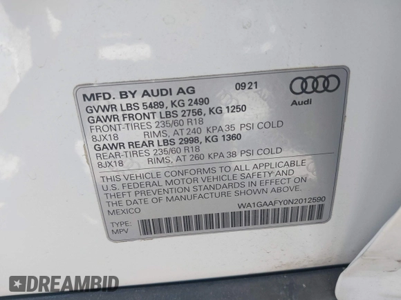 2022 Audi Q5 S line Premium with VIN WA1GAAFY0N2012590, listed as a IAAI auction lot 42004119 with 35,843 mi miles. Bid and sale history available at carsss.com. Image 9.