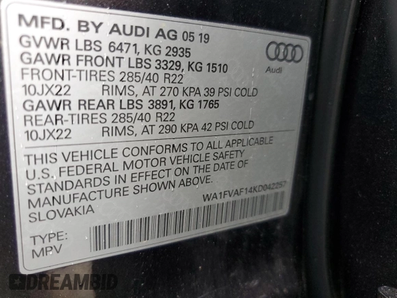 2019 Audi Q8 Prestige with VIN WA1FVAF14KD042257, listed as a Copart auction lot 52573915 with 59,025 mi miles and Salvage Title. Bid and sale history available at carsss.com. Image 14.