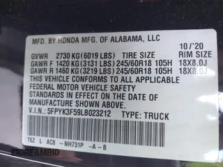 2020 Honda Ridgeline RTL with VIN 5FPYK3F59LB023212, listed as a IAAI auction lot 40704228 with 73,259 mi miles and . Bid and sale history available at DreamBid. Image 9.