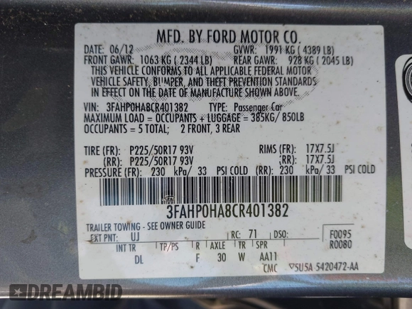 2012 Ford Fusion SE z VIN 3FAHP0HA8CR401382, wystawiony jako IAAI lot #41739680 z przebiegiem 73 404 mil mil oraz . Historia ofert i sprzedaży dostępna na DreamBid. Obrazek 9.