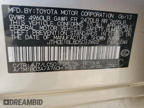 2013 Lexus GS 350 с VIN JTHCE1BL8D5017602, выставлен на аукционе Copart как лот 62355725 с пробегом 140 337 миль миль и Списание • Salvage title. История ставок и продаж доступна на DreamBid. Изображение 13.