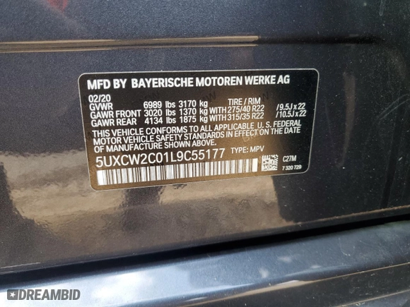 2020 BMW X7 xDrive40i with VIN 5UXCW2C01L9C55177, listed as a Copart auction lot 45571675 with 74,226 mi miles and Salvage Title. Bid and sale history available at carsss.com. Image 14.