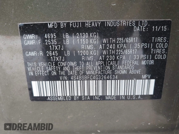 2016 Subaru Outback Premium с VIN 4S4BSBFC4G3264634, выставлен на аукционе IAAI как лот 42463727 с пробегом 72 756 миль миль и . История ставок и продаж доступна на DreamBid. Изображение 9.
