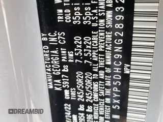 2022 Kia Telluride SX z VIN 5XYP5DHC9NG289323, wystawiony jako Copart lot #59310965 z przebiegiem 50 923 mil mil oraz Szkoda całkowita • Salvage title. Historia ofert i sprzedaży dostępna na DreamBid. Obrazek 13.