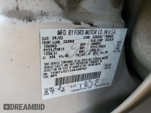 2004 Ford Escape XLS с VIN 1FMYU02134KA88982, выставлен на аукционе Copart как лот 57037915 с пробегом 195 423 миль миль и Списание • Salvage title. История ставок и продаж доступна на DreamBid. Изображение 13.