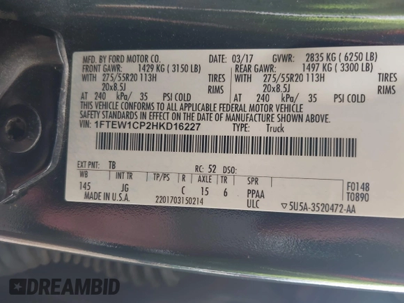 2017 Ford F-150 XL with VIN 1FTEW1CP2HKD16227, listed as a IAAI auction lot 42367227 with 129,971 mi miles and . Bid and sale history available at DreamBid. Image 9.