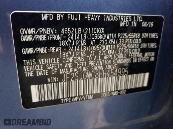 2017 Subaru Forester Touring with VIN JF2SJGWC8HH454995, listed as a Copart auction lot 60930545 with 90,309 mi miles and Salvage title. Bid and sale history available at DreamBid. Image 13.