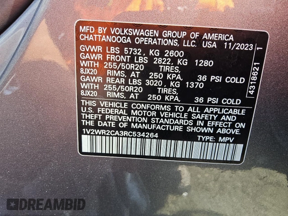 2024 Volkswagen Atlas SE z VIN 1V2WR2CA3RC534264, wystawiony jako Copart lot #55703905 z przebiegiem 43 307 mil mil oraz Czysty tytuł • Clean title. Historia ofert i sprzedaży dostępna na DreamBid. Obrazek 13.